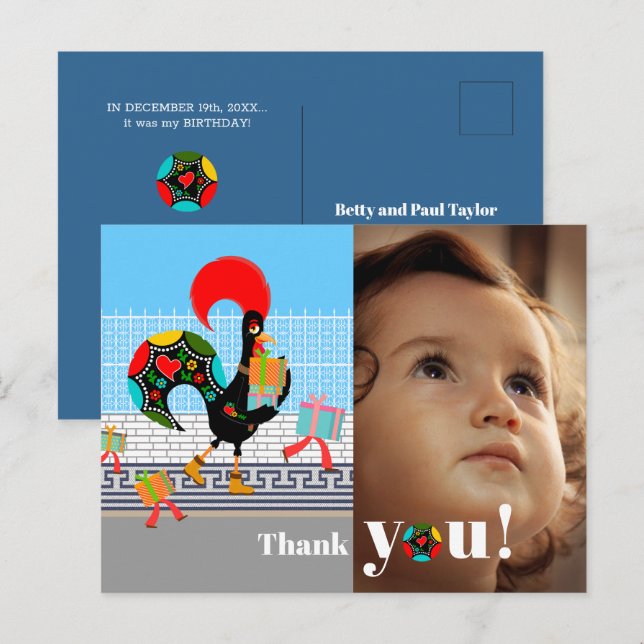 Cartão Postal Festa de Aniversário do Galo Português Obrigado (Frente/Verso)