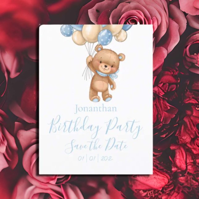Cartão Postal Festa de Aniversário do Ursinho Azul Salve a Data (Pretty Watercolor Flowers Garden Baby Shower Invitation)