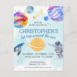 Cartão Postal Festa de aniversário espacial do menino astronauta
