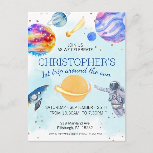 Cartão Postal Festa de aniversário espacial do menino astronauta (Frente)