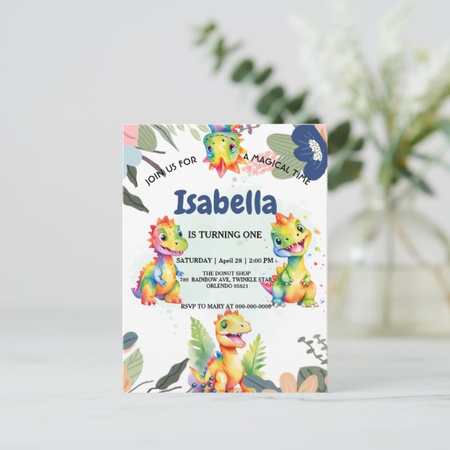 Cartão Postal Festa de Aniversário Feliz Dinossauro Floral Arco- (Em pé/Frente)