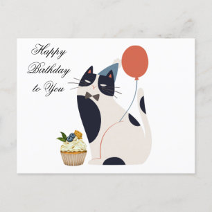 Cartão Postal Festa de Aniversário Feliz Gato com Bolo de Aniver