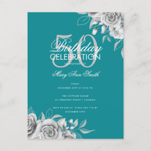 Cartão Postal Festa de aniversário Floral Silver & Teal