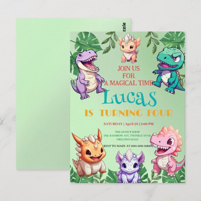 Cartão Postal Festa de aniversário infantil na selva de dinossau (Frente/Verso)