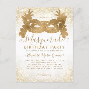 Cartão Postal Festa de Aniversário Máscara de Ouro Branco Purpur