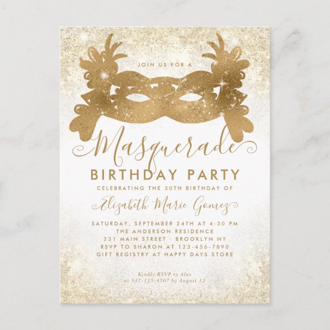 Cartão Postal Festa de Aniversário Máscara de Ouro Branco Purpur (Frente)
