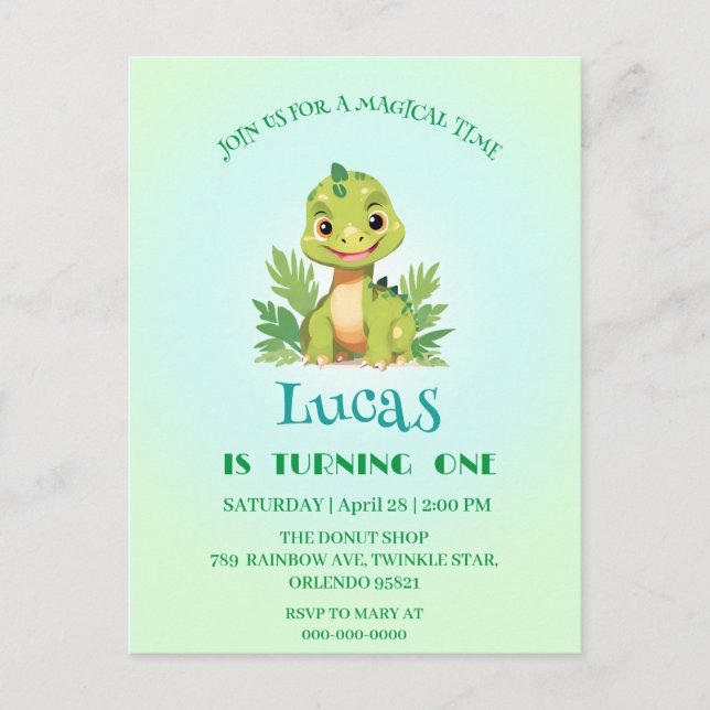 Cartão Postal Festa de aniversário meninos dinossauro fofo zooló (Frente)