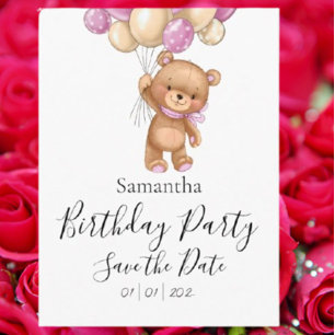 Cartão Postal Festa de Aniversário Rosa do Ursinho de Pelúcia Sa