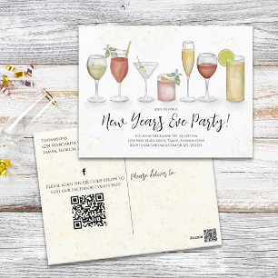 Cartão Postal Festa de Ano Novo Drinks Código QR Eventos