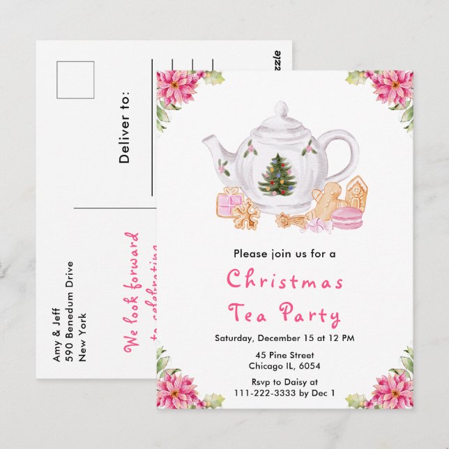 Cartão Postal Festa de Chá de Natal Cor de Rosa (Frente/Verso)