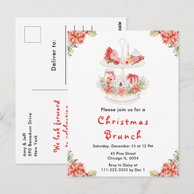 Cartão Postal Festa de Chá de Natal Vermelho (Frente/Verso)