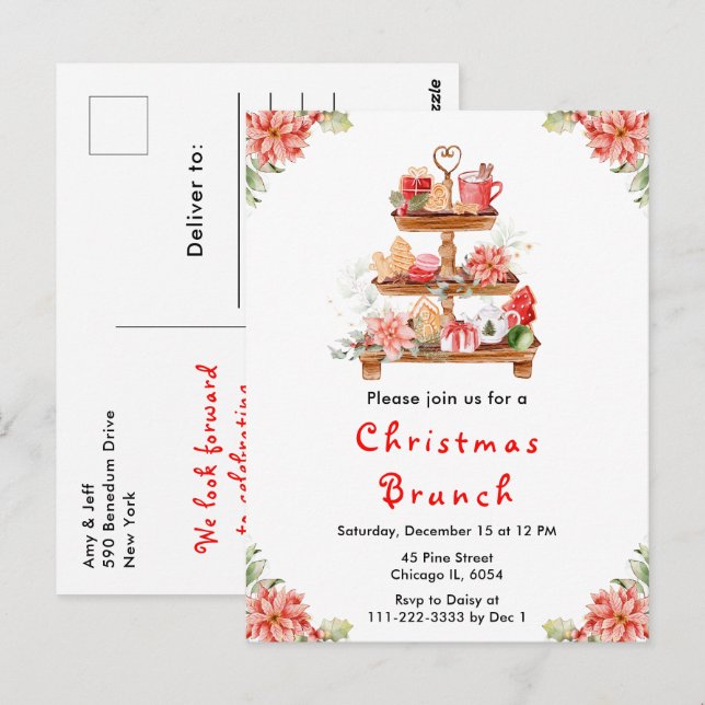 Cartão Postal Festa de Chá de Natal Vermelho (Frente/Verso)