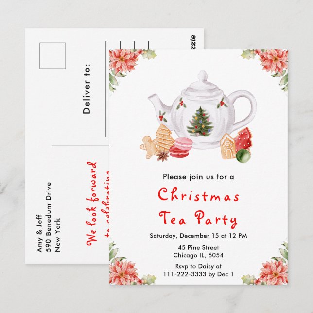 Cartão Postal Festa de Chá de Natal Vermelho (Frente/Verso)