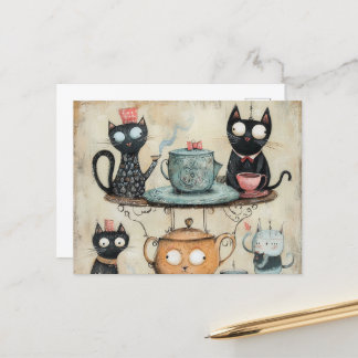 Cartão Postal Festa de Chá Gatinho Whimsy