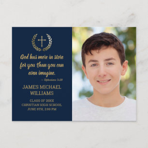 Cartão Postal Festa de formatura Bíblia Verso Foto Azul Dourado