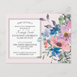Cartão Postal Festa de Formatura Floral com Aquarela Rosa Roxa