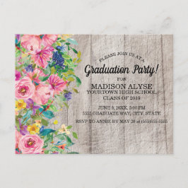 Cartão Postal Festa de Graduação Floral em Aquarela Rosa Azul Rú