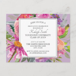 Cartão Postal Festa de Graduação Floral em Aquarela Rosa Roxo