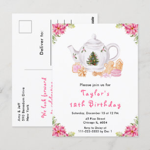 Cartão Postal Festa de Natal Chá de Aniversário Rosa