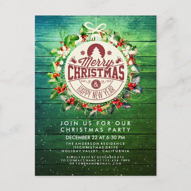 Cartão Postal Festa de Natal de Ano Novo Holly Wreath Snow (Frente)