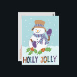 Cartão Postal Festa de Natal de Holly Jolly Snowman, uma beleza<br><div class="desc">Mande cumprimentos para amigos e família com este cartão postal de Natal com estilo retrógrado adorável. Um bonitinho bonitinho de neve num lenço listrado faz um alô enquanto a neve cai. Morangos mistos completam o cartões de natal. Personalize este cartão-postal de saudação do homem de neve do Xmas com a...</div>