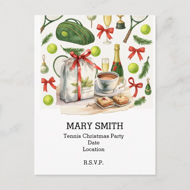 Cartão Postal Festa de Natal de TÊNIS com bola e raquete (Frente)