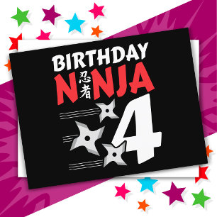 Cartão Postal Festa de Ninja de 4 Anos Estrelas Crianças 4º Aniv