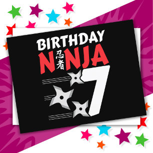 Cartão Postal Festa de Ninja de 7 Anos Estrelas Crianças Anivers