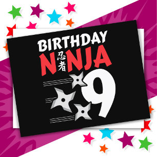 Cartão Postal Festa de Ninja de 9 Anos Estrelas Crianças 9º Aniv