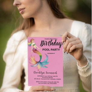 Cartão Postal Festa de Piscina de Cauda da Sereia Dourada Rosa-C