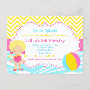 Cartão Postal Festa de Piscina de Menina Loira