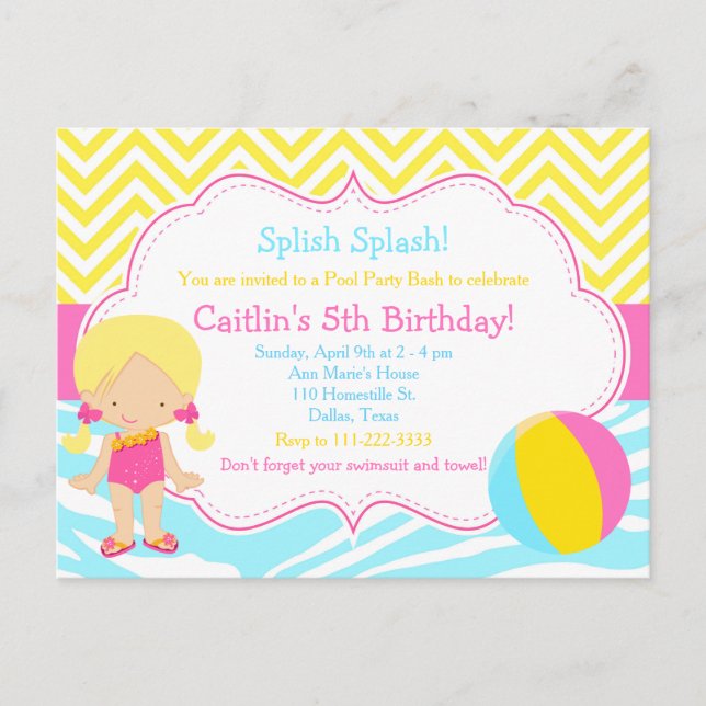 Cartão Postal Festa de Piscina de Menina Loira (Frente)