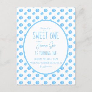 Cartão Postal Festa de um ano com bolinhas em aquarela azul