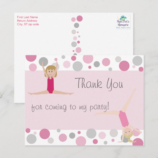 Cartão Postal Festa ginástica Obrigado em Pinks e Cinzas (Frente/Verso)