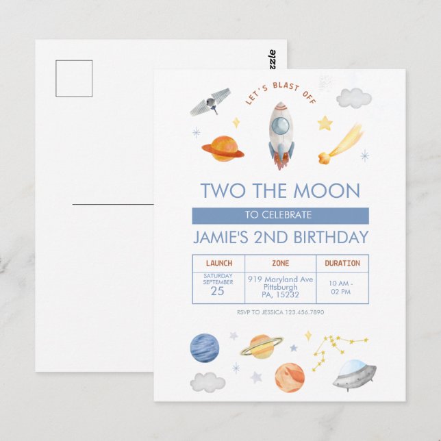 Cartão Postal Festa no Espaço Sideral Astronauta 2º Aniversário (Frente/Verso)