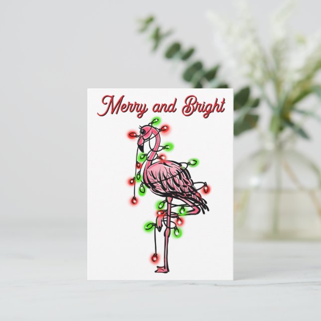 Cartão Postal Festive holiday Flamingo  red green Xmas lights (Em pé/Frente)