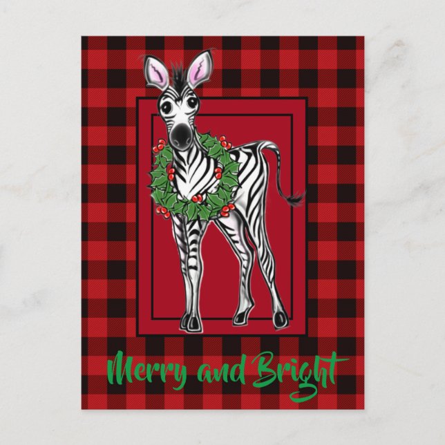 Cartão Postal Festivo Foliday Zebra Holly Wreath | búfalo vermel (Frente)