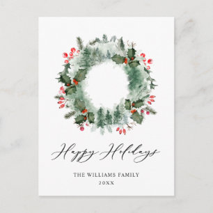 Cartão Postal Festivo Holly Berry Pine Forest Wreath Natal
