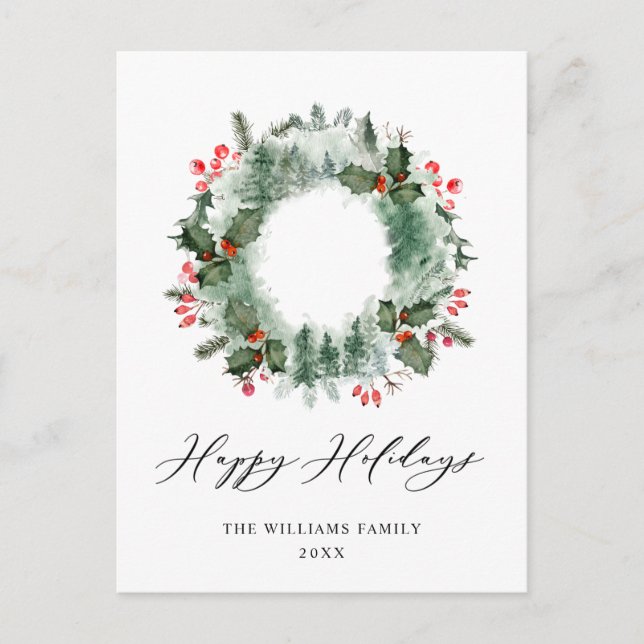 Cartão Postal Festivo Holly Berry Pine Forest Wreath Natal (Frente)