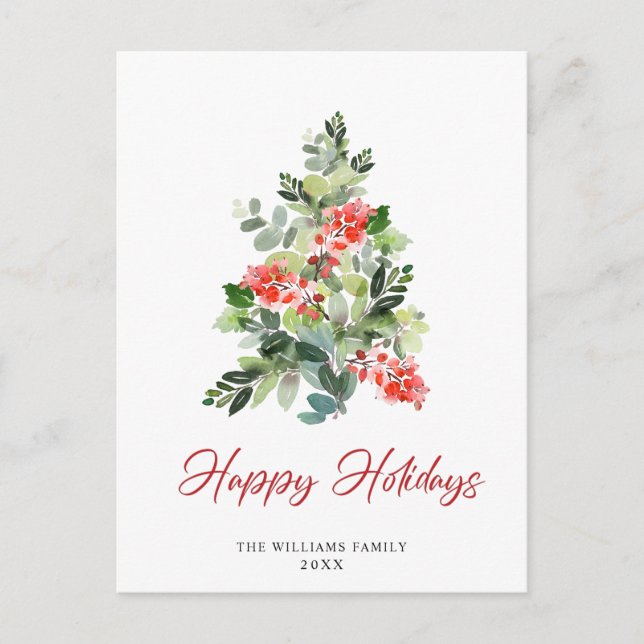 Cartão Postal Festivo Holly Christmas Tree Saudação Feriado (Frente)