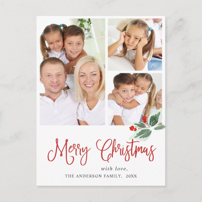 Cartão Postal Festivo Holly Wreath Natal Saudação Feriado (Frente)