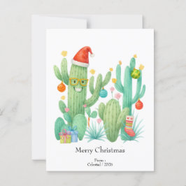 Cartão Postal Festivo Natal Cactus com Papai Noel e Ornamento