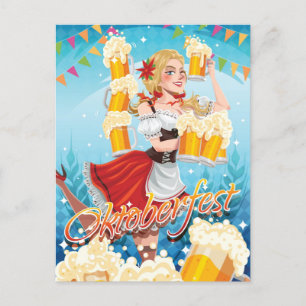 Cartão Postal Festivo Oktoberfest Maid in Red with Beers