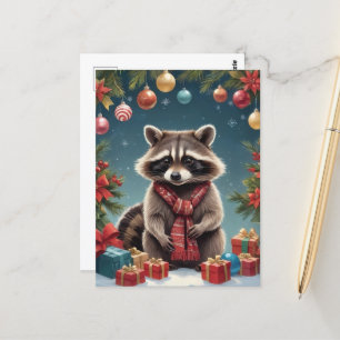 Cartão Postal Festivo Raccoon nas Luzes de Natal