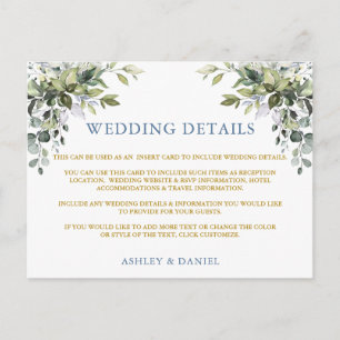 Cartão Postal Ficha de Detalhes do Casamento Dourado Azul com Gr