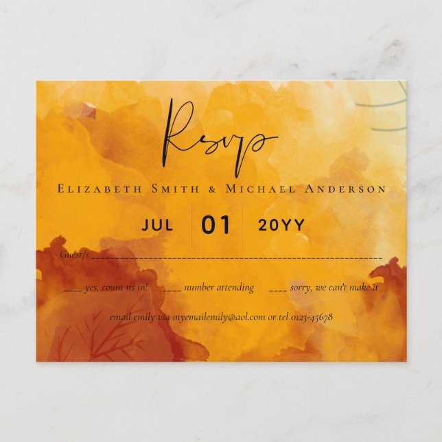Cartão Postal Fiery Orange Watercolor Abstrato Sunset Wedset (Frente)