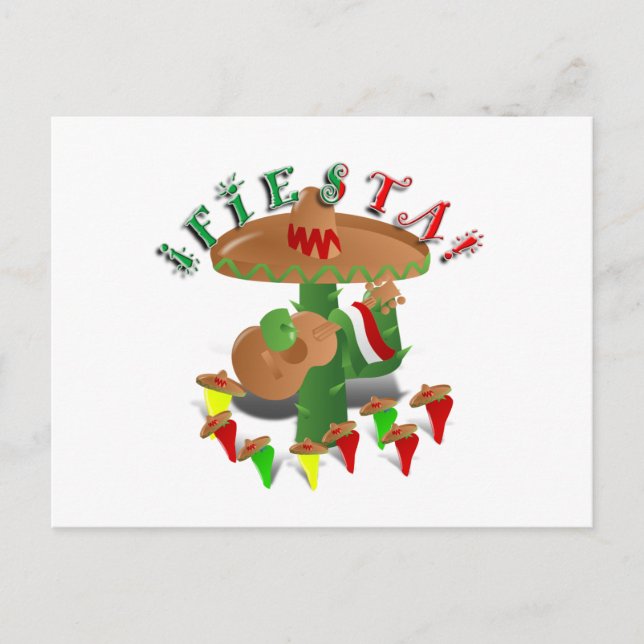 Cartão Postal Fiesta Cactus w/Sombrero & Guitar (Frente)