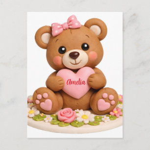 Cartão Postal Figurinha de Urso de Pelúcia Fofo com Coração de N
