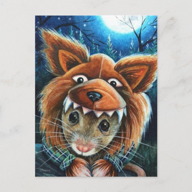Cartão Postal Figurino de Halloween Werewolf Mouse Watercolor Ar (Frente)