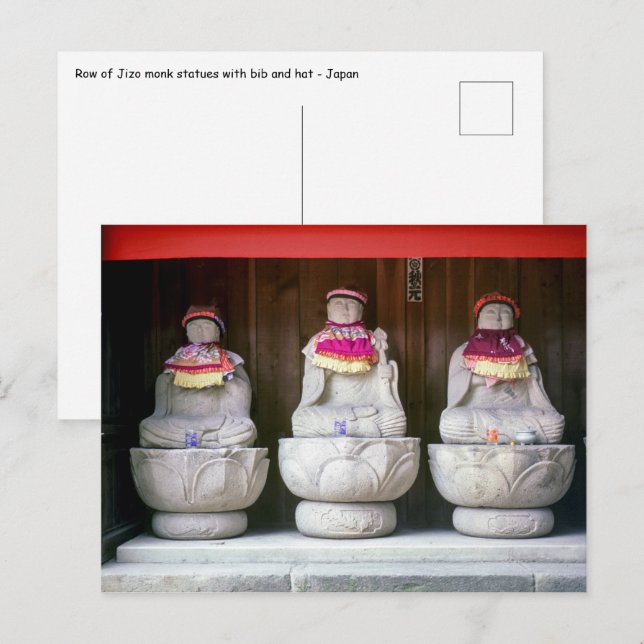 Cartão Postal Fila de estátuas de monge Jizo com bib e chapéu -  (Frente/Verso)